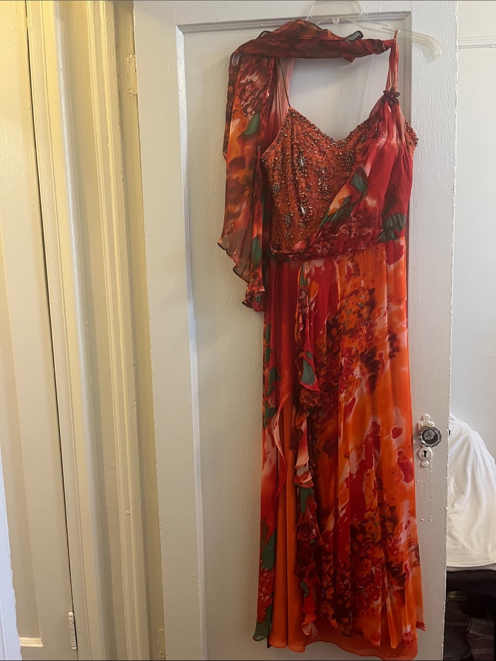 Vibrant Red-Orange Floral Maxi Dress with Beaded Bodice